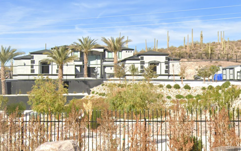 A large modern house with black trim and palm trees, built into a desert hillside with saguaro cacti.